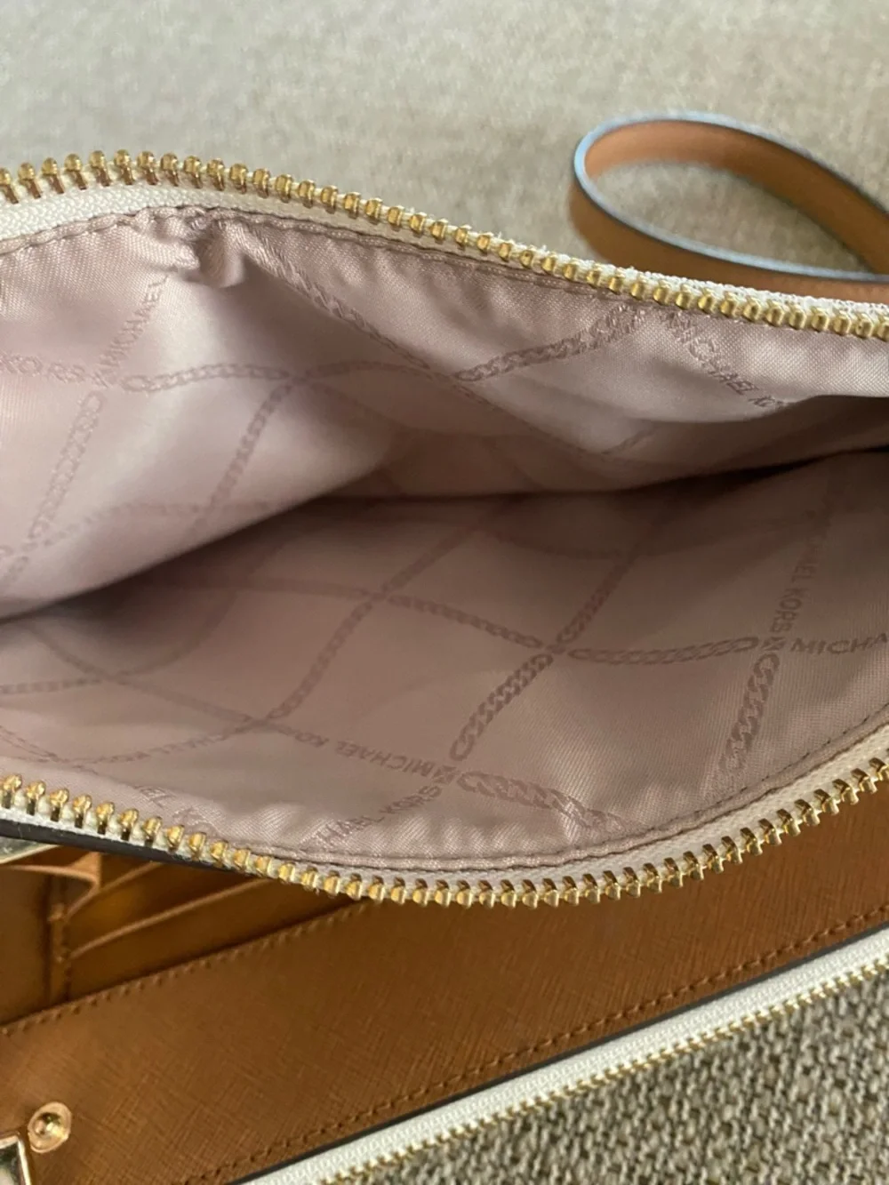 Michael Kors Cream Signature Crossbody with Brown Trim and Gold Accents